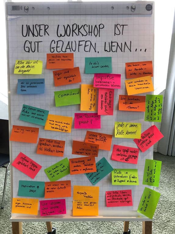 Flipchart mit der Frage „Unser Workshop ist gut gelaufen, wenn …“ und vielen bunten Klebezetteln